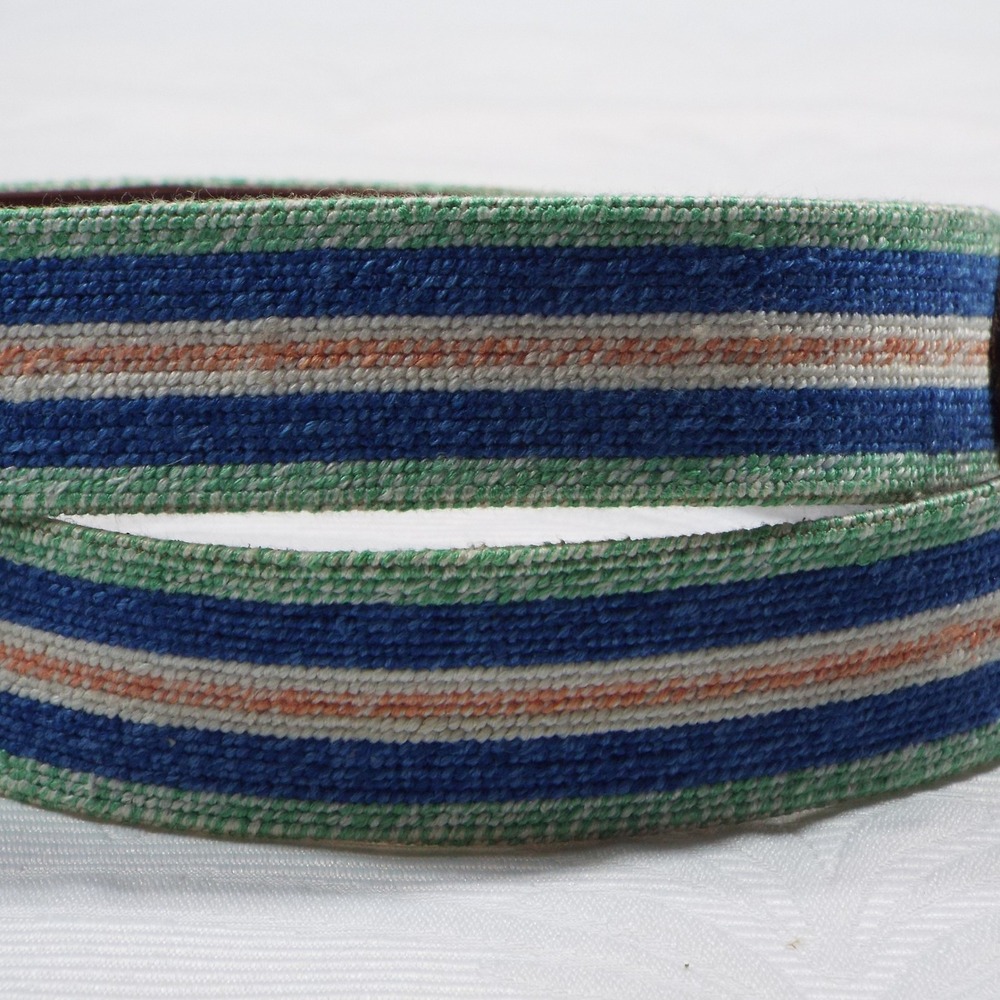 Smathers & Branson Mens Needlepoint Belt Size 36 Striped Blue Green Leather